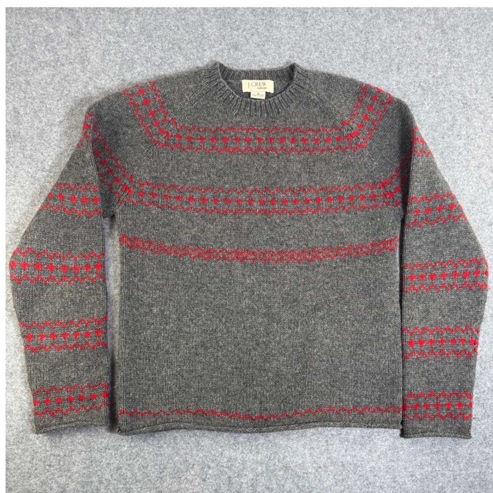 J Crew Mens Handknit Fair Isle Lambswool Sweater Grey Red Size M